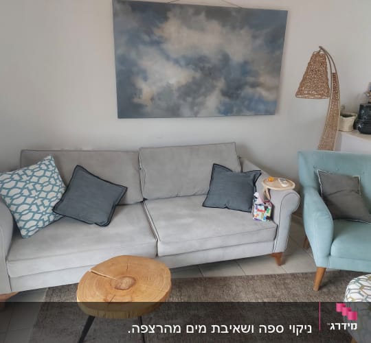 ספת בד אפורה נקייה ומסודרת בסלון לצד כורסה ושטיח
